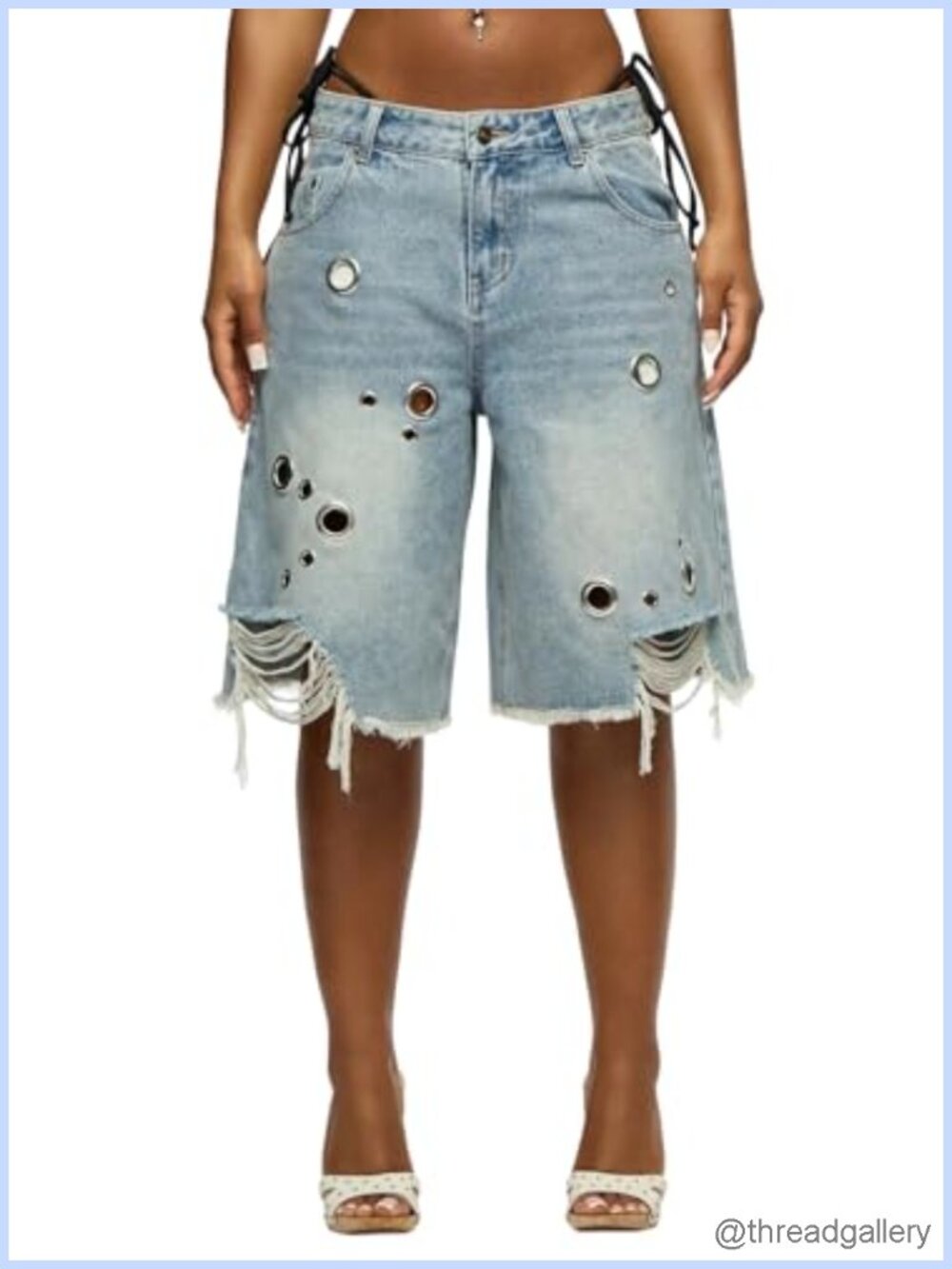 Wide Leg Ripped Denim Bermuda Jorts Frayed Hem Knee Length